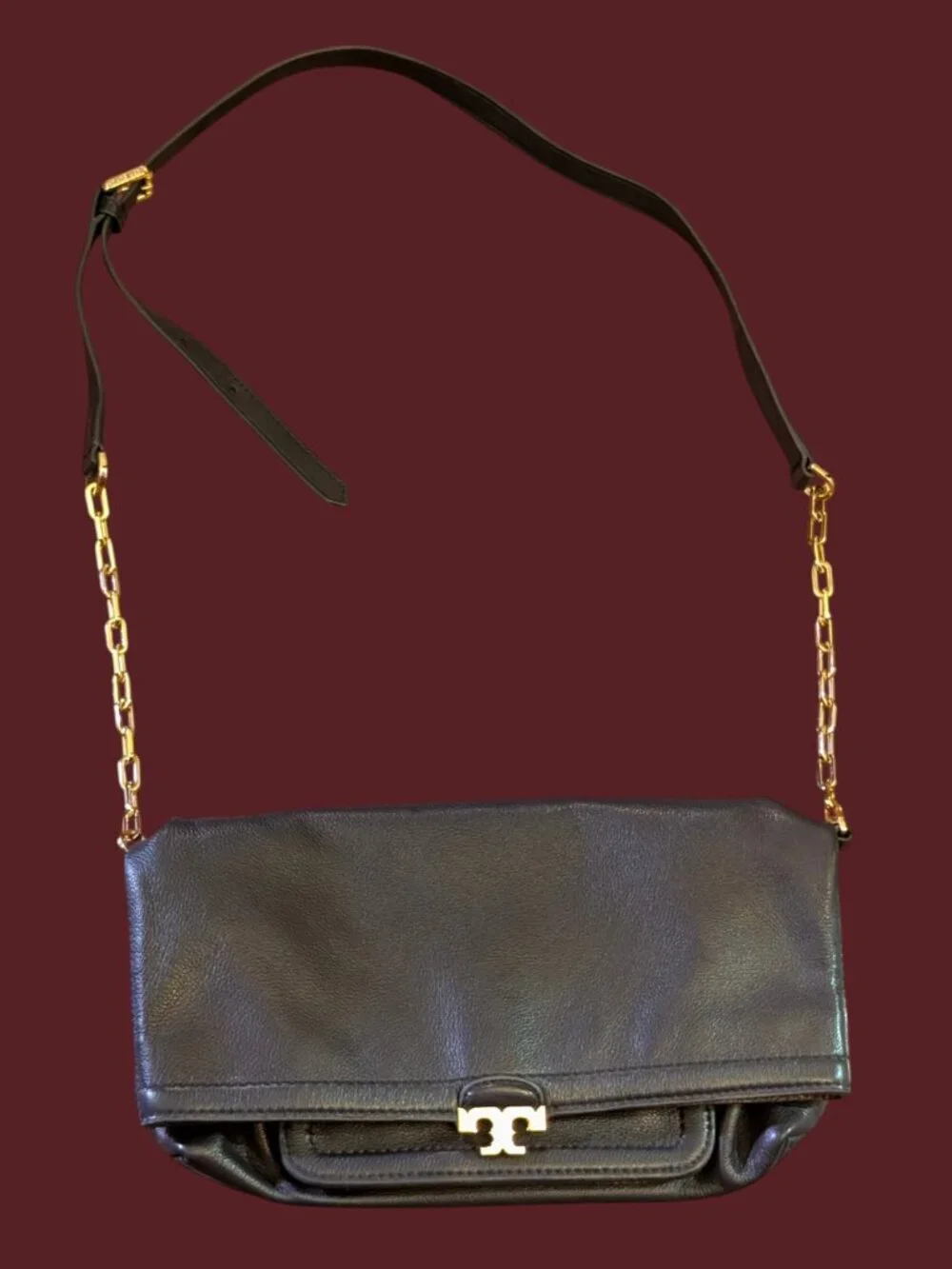 Tory Burch Sammy Dark Navy Gold Tone Hardware Pebbled Leather Magnetic Purse